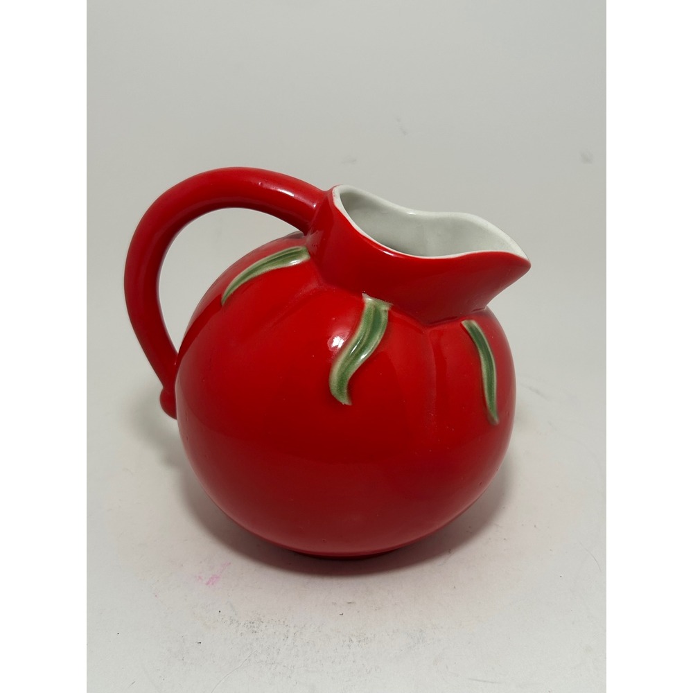 The Pantry Parade USA Vintage Ceramic Tomato Pitcher Red Green Leaf 6.5in